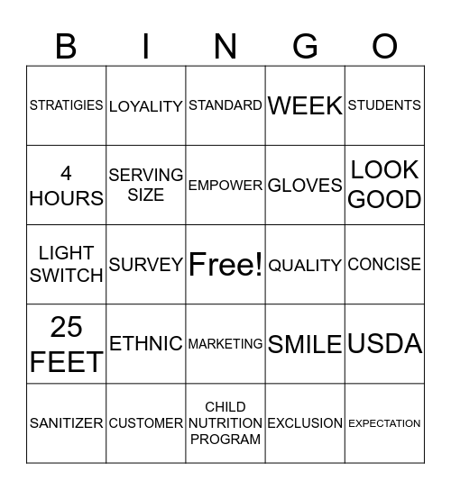 NUTRITION EDUCATION Bingo Card