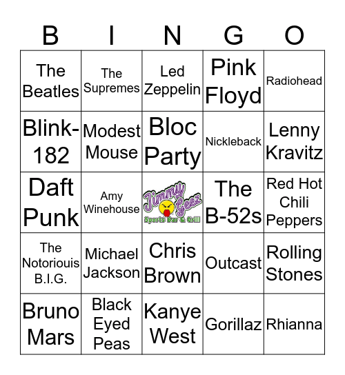 Jimmy Geez Music Bingo Card