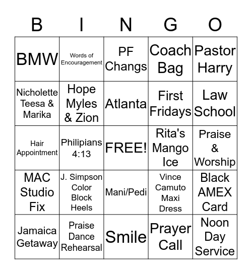 Lady K's Bingo Card