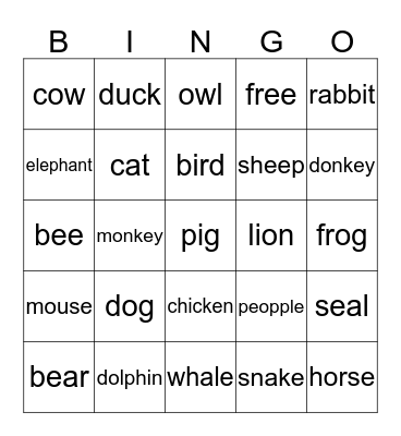 The animal sounds Bingo Card