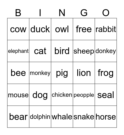 The animal sounds Bingo Card