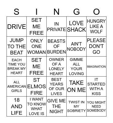 80s POP CLASSICS Bingo Card