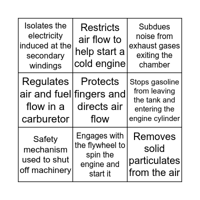 Small Engines Exterior Parts Bingo Card