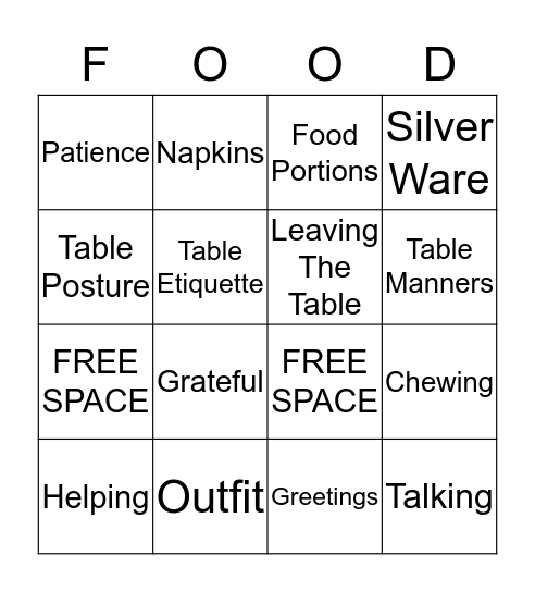 Thanksgiving Manners Bingo Card