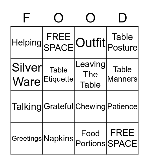 Thanksgiving Manners Bingo Card