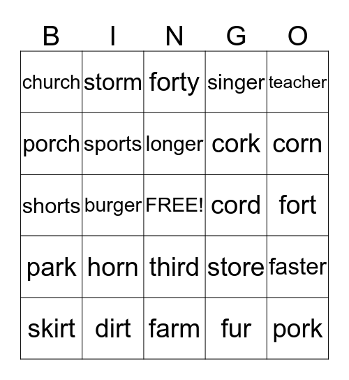 R-Controlled Vowels Bingo Card