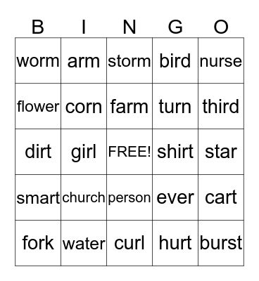 R-Controlled Vowels Bingo Card