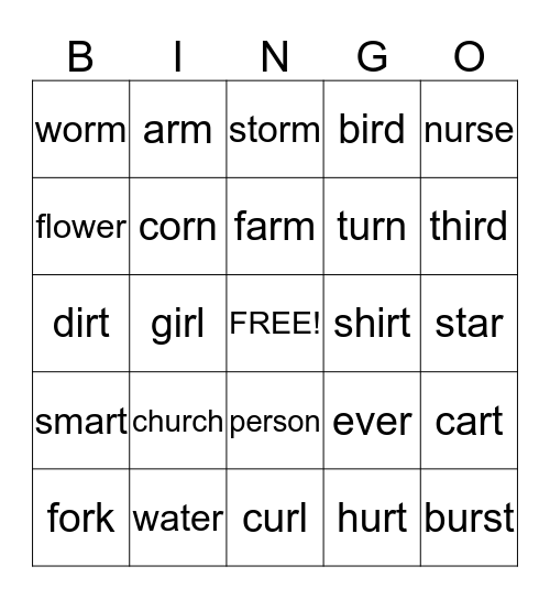 R-Controlled Vowels Bingo Card