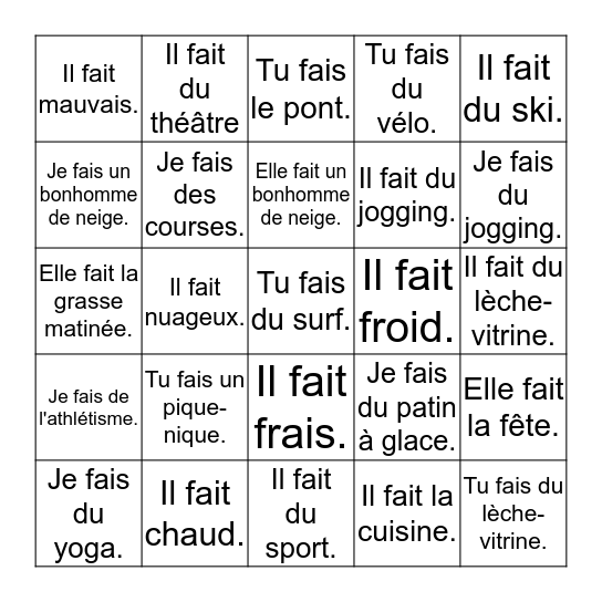 Weather + Expression avec "faire" Bingo Card