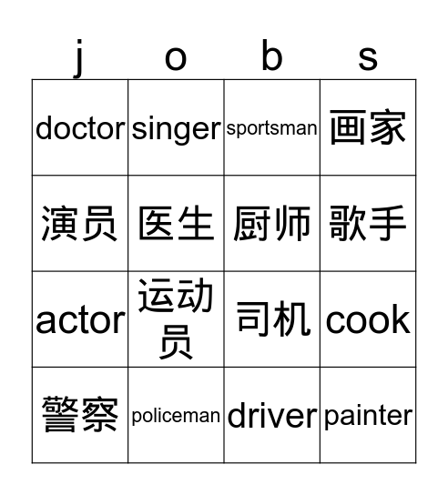 职业 Bingo Card