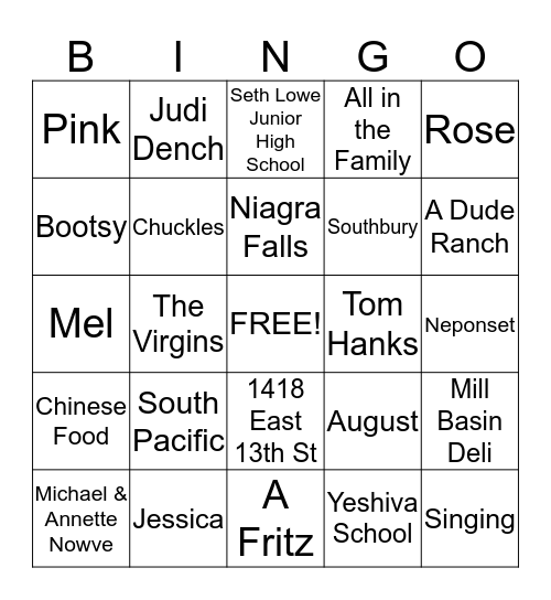Nana Bingo!!!  Bingo Card