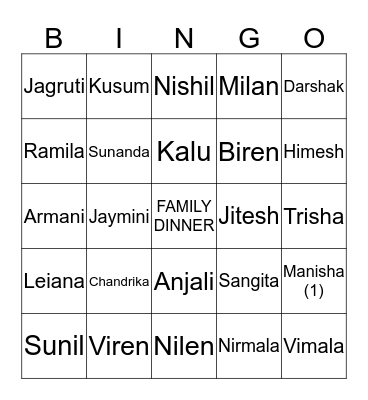 Diwali Dinner - Saturday 9th November 2013 Bingo Card