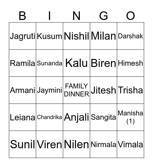 Diwali Dinner - Saturday 9th November 2013 Bingo Card