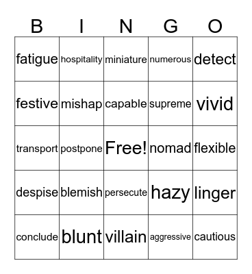 Vocabulary Unit 5 Bingo Card