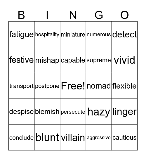 Vocabulary Unit 5 Bingo Card