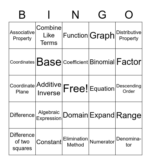 MCR/LAM Vocabulary Review # 1 Bingo Card