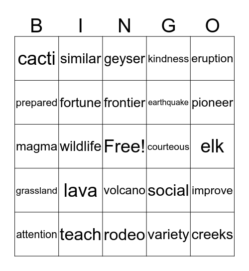 Fourth Grade Vocabulary Bingo Card