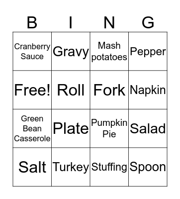 Thanksgiving Dinner Bingo Card