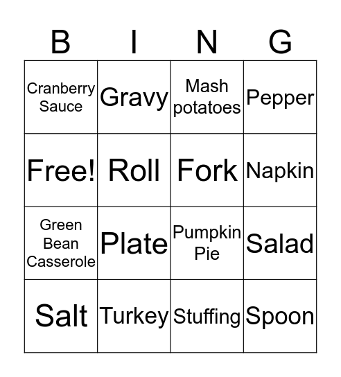 Thanksgiving Dinner Bingo Card