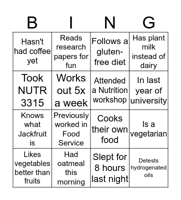 Nutrition Bingo Card