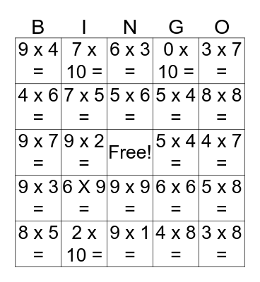 Multiplication Bingo Card