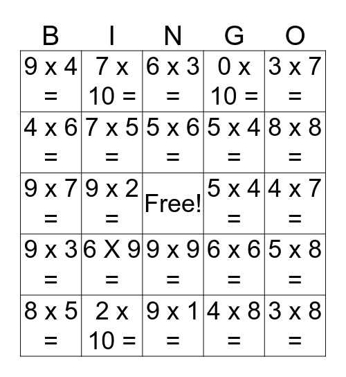 Multiplication Bingo Card