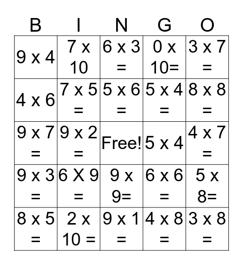 Multiplication Bingo Card