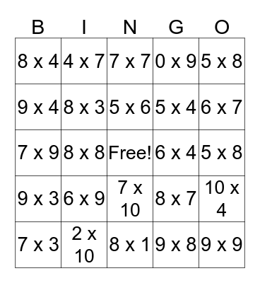 Multiplication Bingo Card