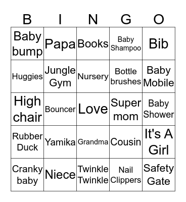 Baby "AMIA" Baby Shower BINGO Card