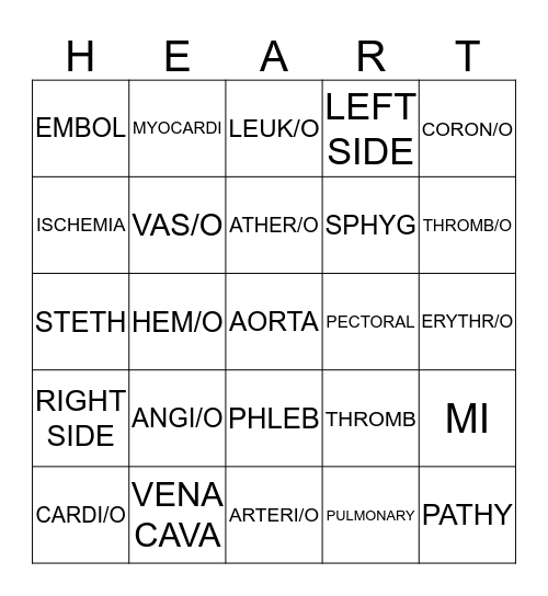 Cardiac Terms Bingo Card