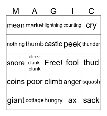 Jack and the Beanstalk Bingo Card