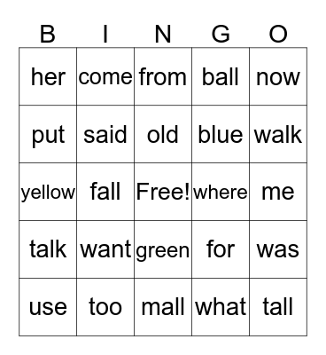 Word Review Bingo Card