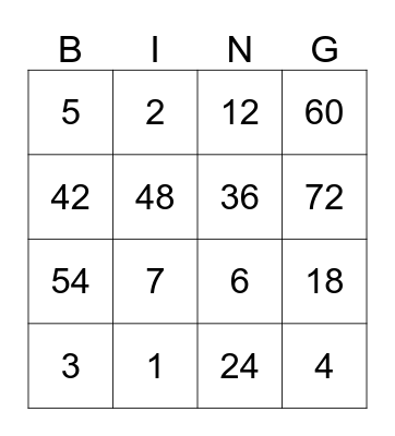 Six Multiplication and Division Bingo Card