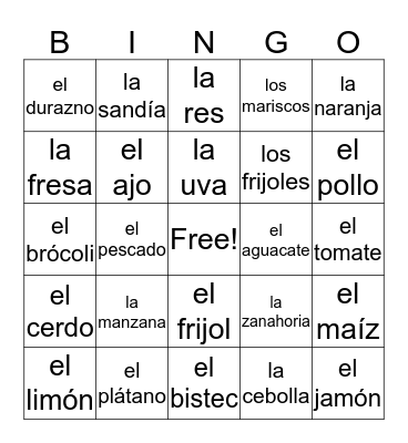 Food Vocabulary -Fruits and Veggies Bingo Card