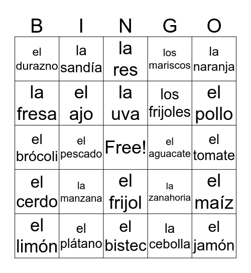 Food Vocabulary -Fruits and Veggies Bingo Card