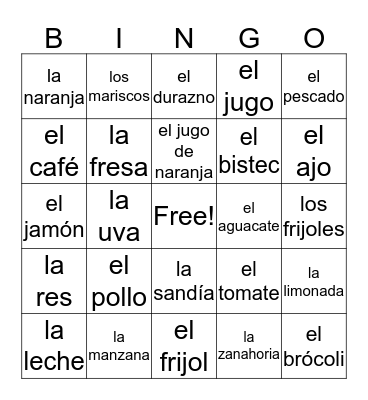 La comida Bingo Card