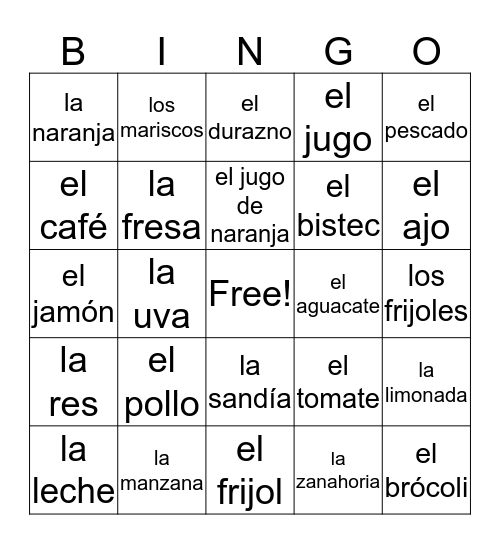 La comida Bingo Card