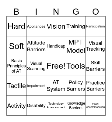 Assistive Technology Bingo Card