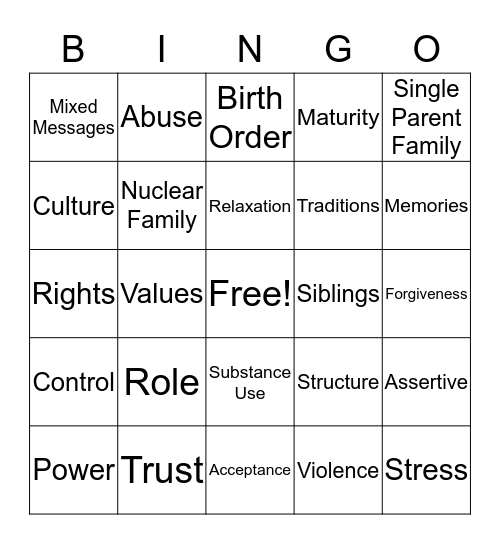 Relationship Bingo Card