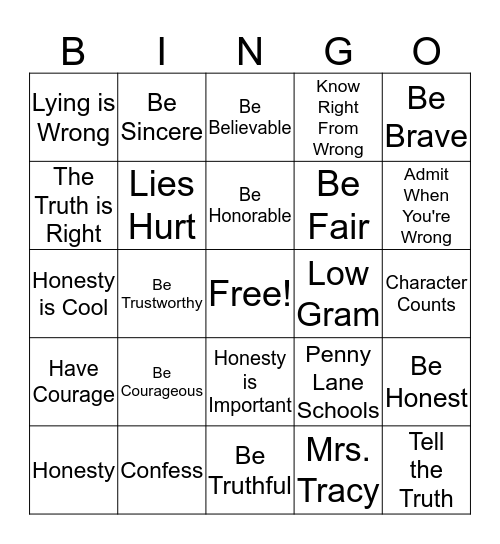 Honesty Bingo Card