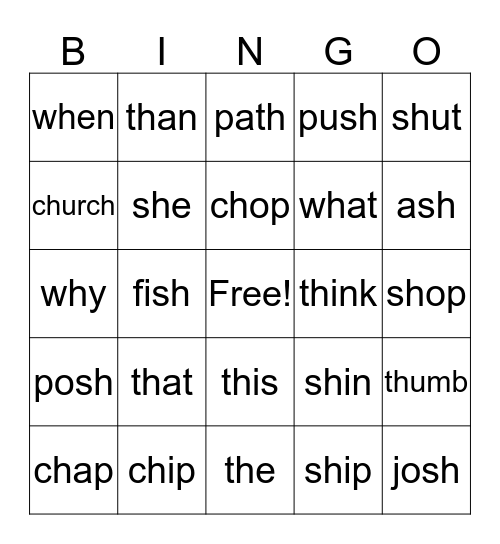 Digraphs (2 letters make 1 sound) Bingo Card
