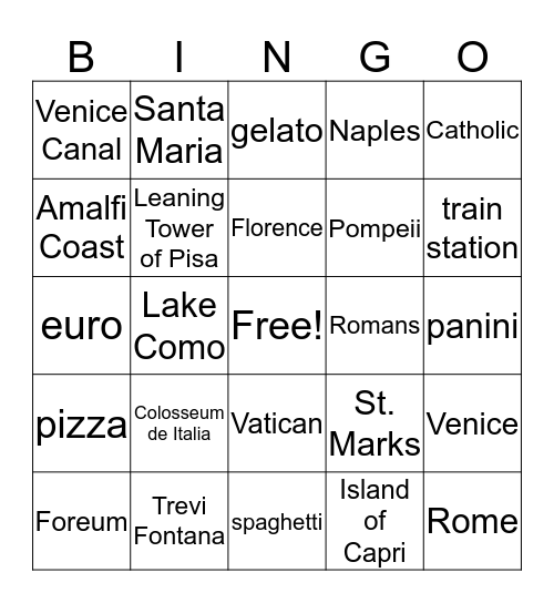 Explore A little Of Italia Bingo Card