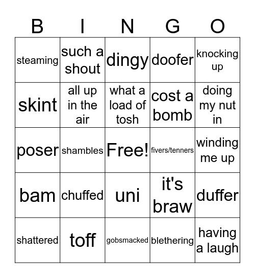 British Slang Bingo - Get a line, earn prizes Bingo Card