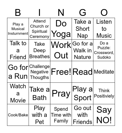 Coping Skills Bingo Card