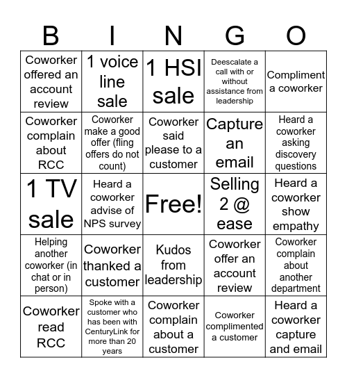 Just for Fun Bingo Card