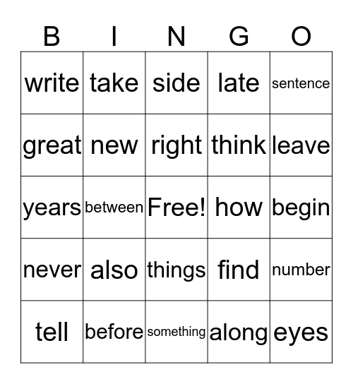 sight words Bingo Card