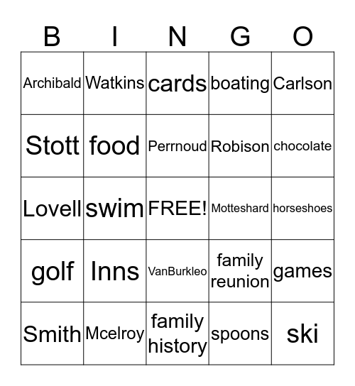 Reunion Bingo Card