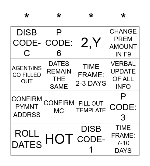 PAYMENTS BOARD Bingo Card