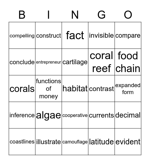 Ocean, Social Studies, Math, General, Challenge Bingo Card