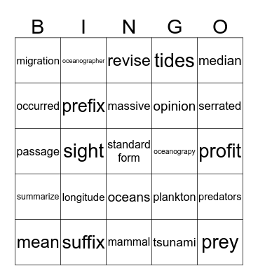 Ocean, Social Studies, Math, General, Challenge #2 Bingo Card